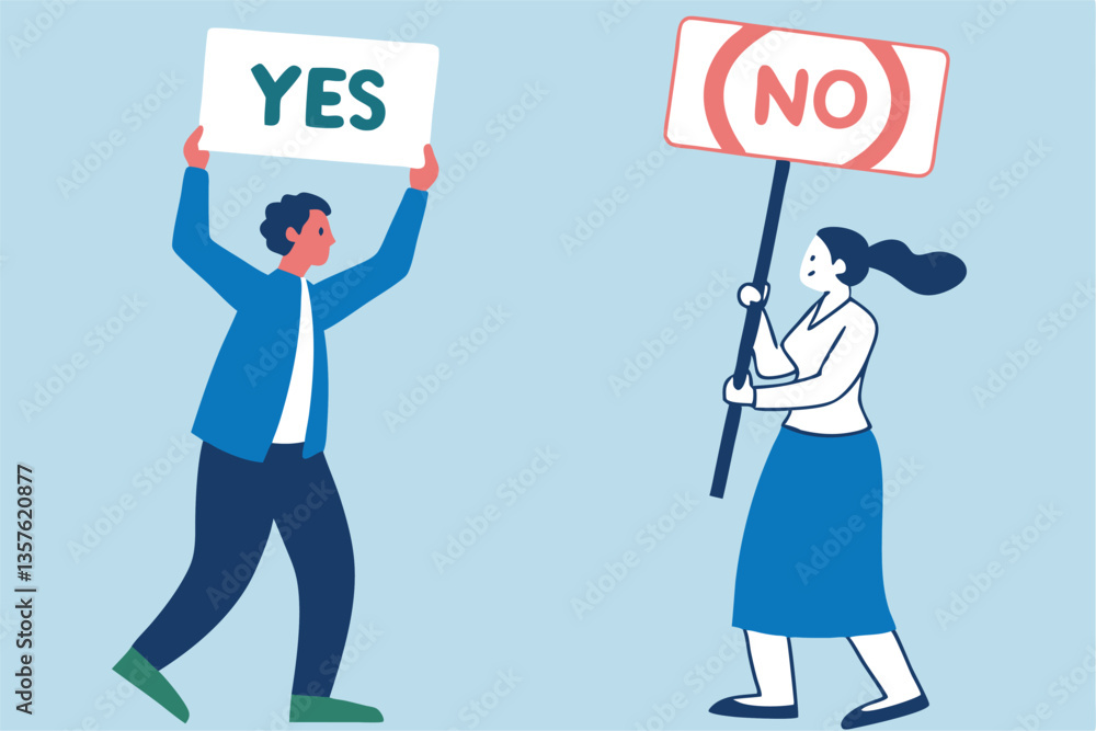 Yes, No argument or disagreement, conflict fight debate, dilemma, dispute or office rivalry war, struggle, negative discussion concept, businessman and woman arguing or fight with yes and no sign. Yes, No argument or disagreement, conflict fight debate, dilemma, dispute or office rivalry war, struggle, negative discussion concept, businessman and woman arguing or fight with yes and no sign.