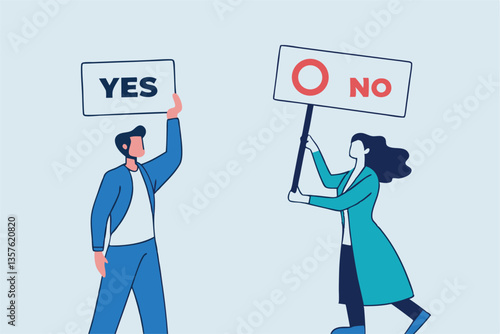 Yes, No argument or disagreement, conflict fight debate, dilemma, dispute or office rivalry war, struggle, negative discussion concept, businessman and woman arguing or fight with yes and no sign.