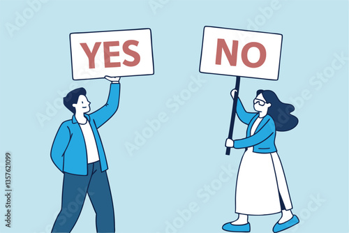 Yes, No argument or disagreement, conflict fight debate, dilemma, dispute or office rivalry war, struggle, negative discussion concept, businessman and woman arguing or fight with yes and no sign.