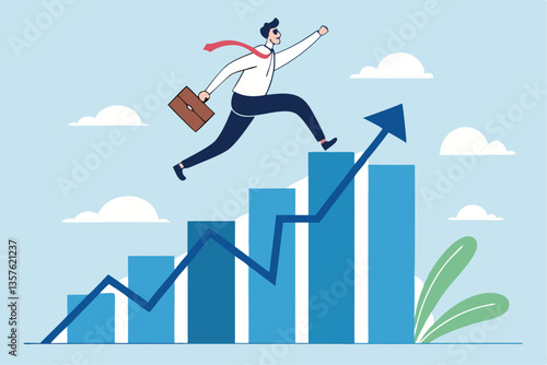 Leap forward, business change or transform to success winning, jump high challenge or progress to achievement, courage to move forward concept, businessman leap forward jump over growth rising graph.