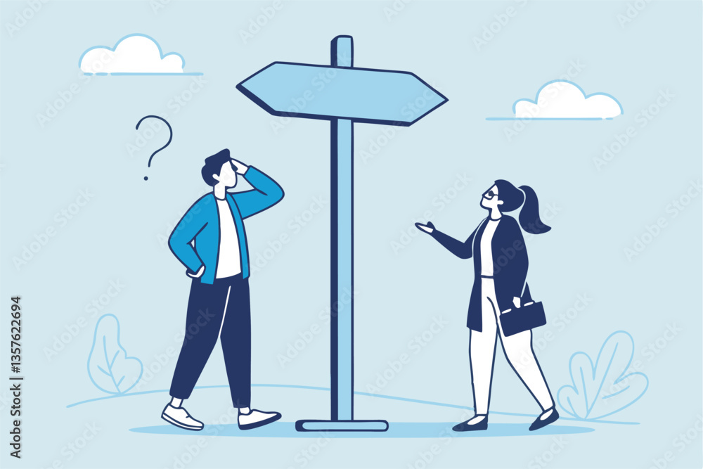 Doubt, unsure or uncertainty, decision to go right way, confusion, problem or choose direction, contemplation for career opportunity concept, business people think with question mark to go right way. Doubt, unsure or uncertainty, decision to go right way, confusion, problem or choose direction, contemplation for career opportunity concept, business people think with question mark to go right way.