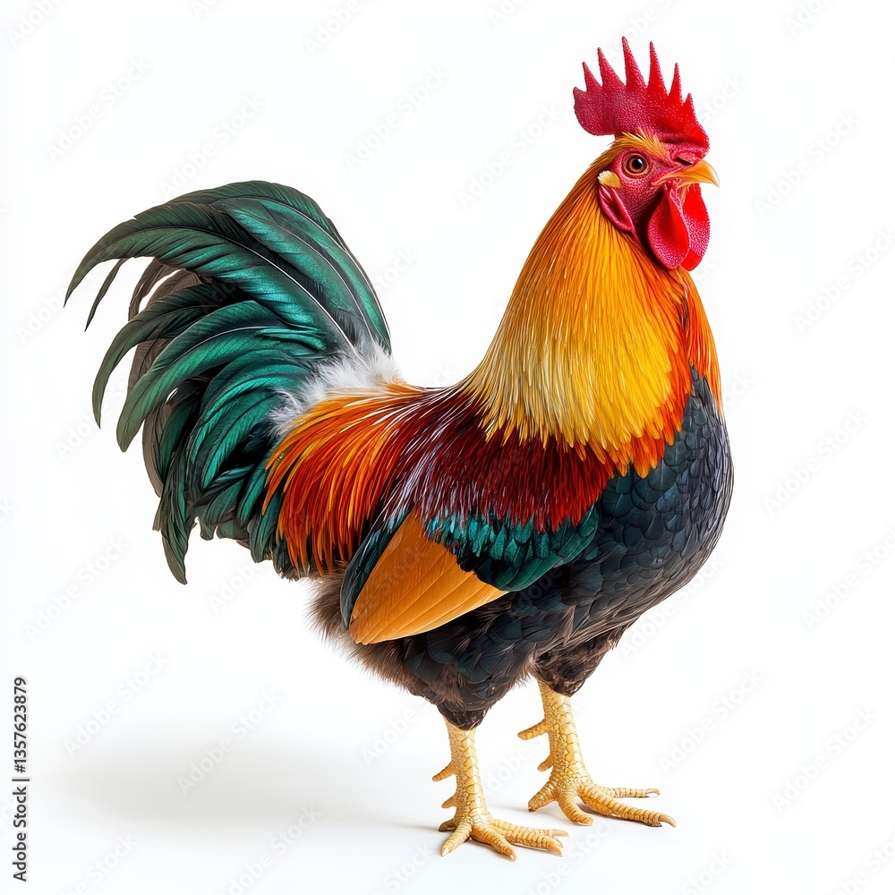 Fototapeta premium Colorful Rooster Portrait Against White Background