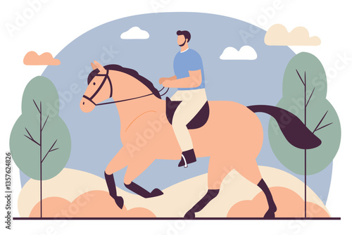 Man riding a horse, vector illustration of countryside adventure, equestrian sport, galloping steed