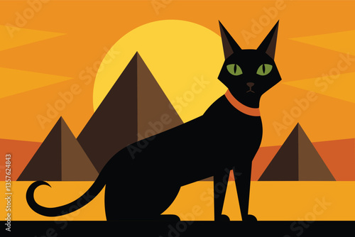 Black cat silhouette in egypt at sunset, vector illustration with pyramids, mysterious desert vibe, elegant feline art, golden sky backdrop