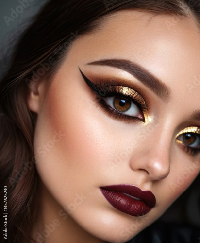 Close-Up of Face with Dramatic Evening Makeup and Gold Eyeshadow
