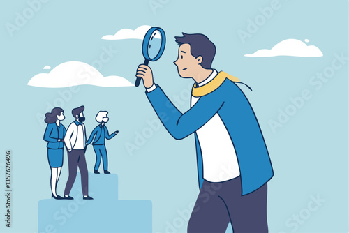 Analyze candidate, employee performance review, evaluation or analysis, choose recruitment applicants, staff or finding right person for job concept, businessman analyzing employee or job candidates.