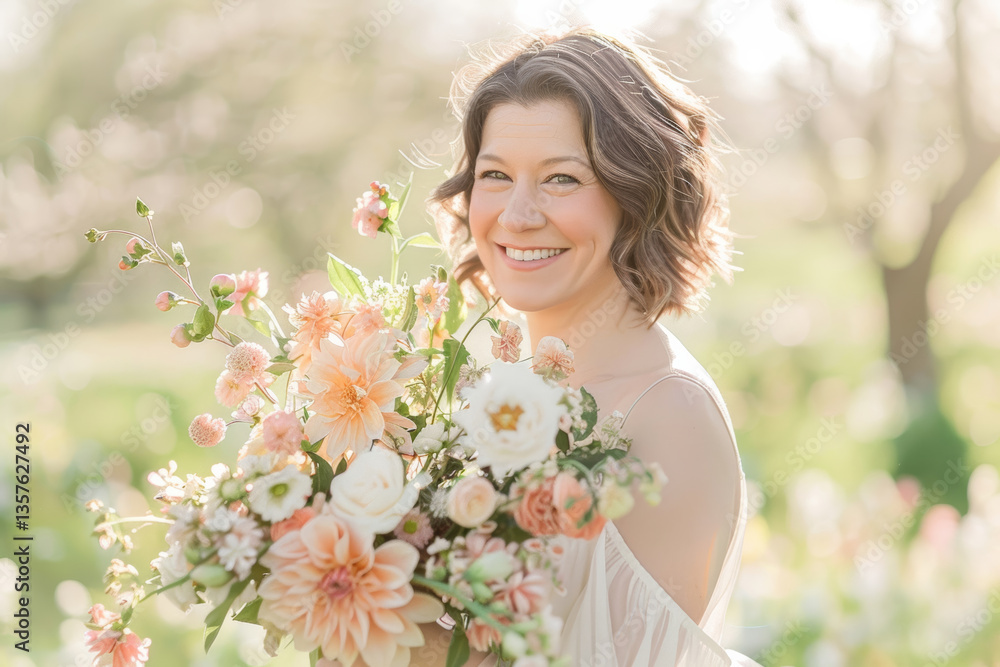 Smiling female holding floral bouquet in sunlit garden Smiling female holding floral bouquet in sunlit garden