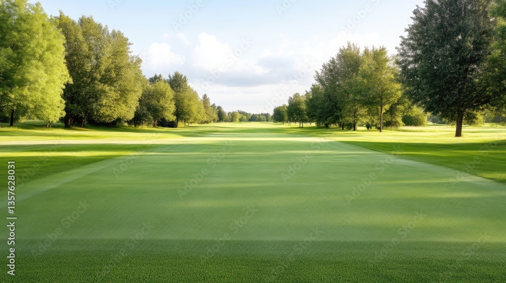 Expansive golf course fairway, lush green, trees line the horizon, inviting scenery