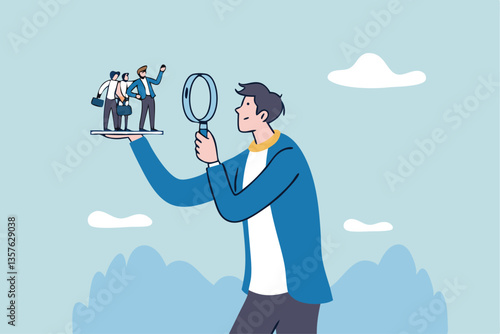Analyze candidate, employee performance review, evaluation or analysis, choose recruitment applicants, staff or finding right person for job concept, businessman analyzing employee or job candidates.