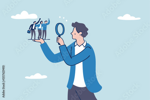 Analyze candidate, employee performance review, evaluation or analysis, choose recruitment applicants, staff or finding right person for job concept, businessman analyzing employee or job candidates.