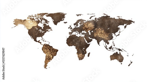 Global coffee plantation spread map with detailed beans in 