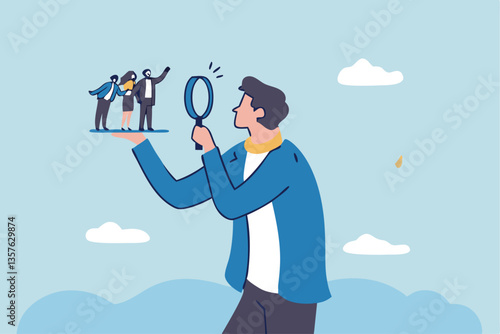 Analyze candidate, employee performance review, evaluation or analysis, choose recruitment applicants, staff or finding right person for job concept, businessman analyzing employee or job candidates.