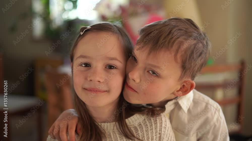 Two cheerful children hug and pose for a photo Two cheerful children hug and pose for a photo