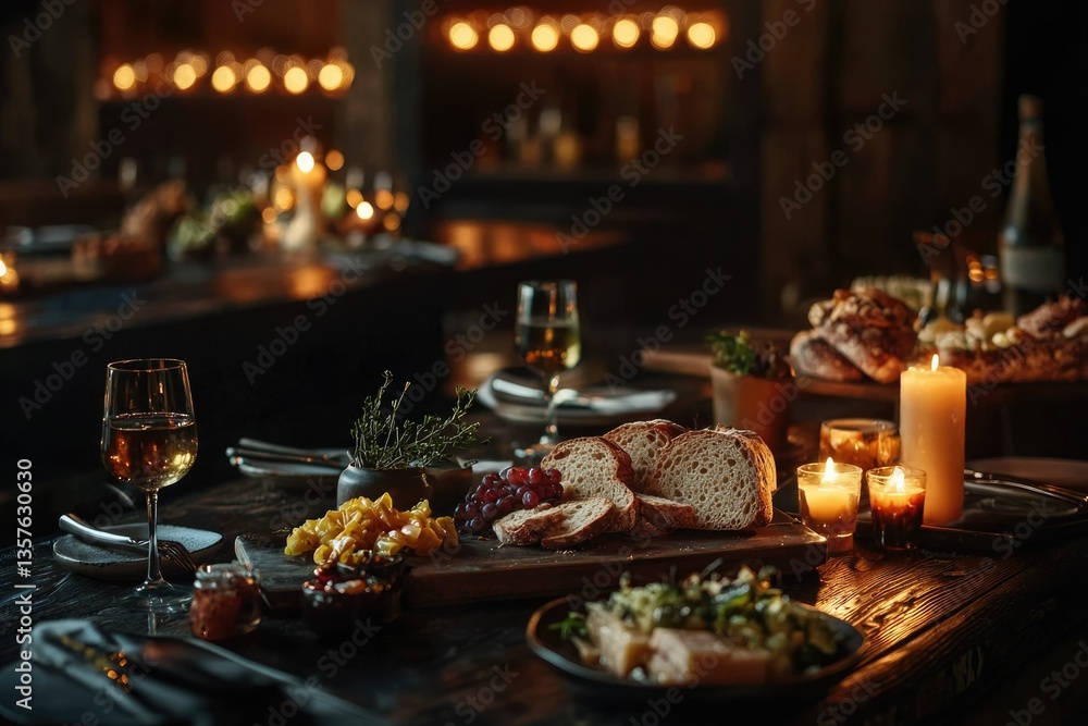 An intimate candlelit dining scene with wine, bread, salad, grapes and pasta on a rustic wooden table. An intimate candlelit dining scene with wine, bread, salad, grapes and pasta on a rustic wooden table.