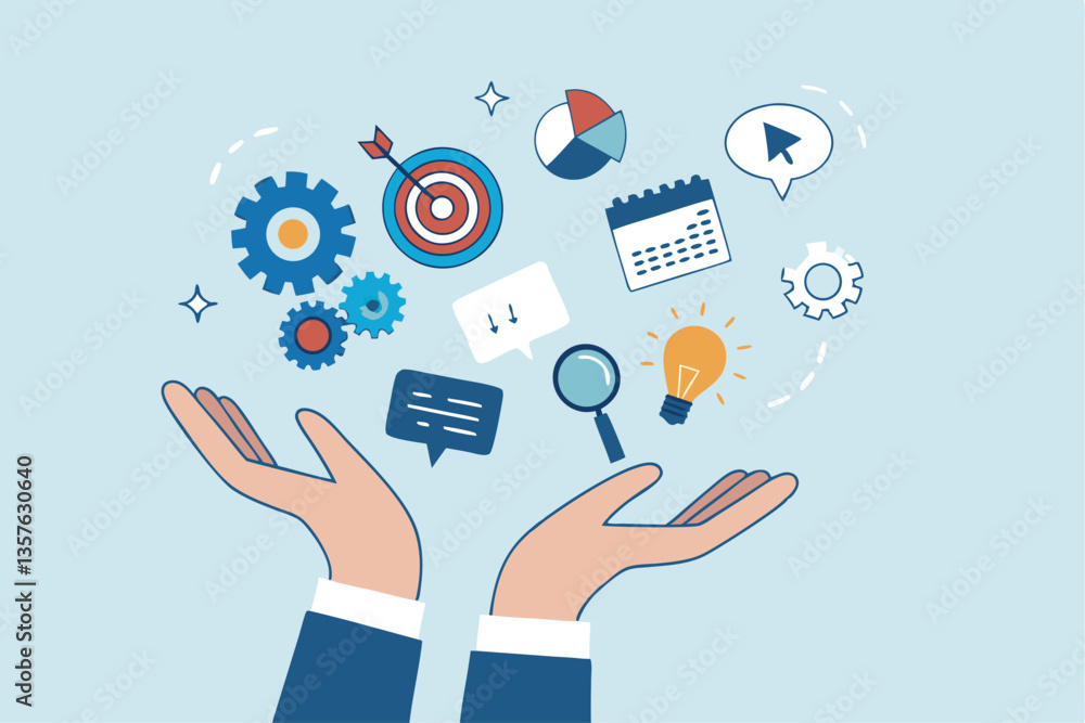 Skill, work experience or ability development, expertise success, leadership or communication to success, learning skills, wisdom concept, businessman hand hold multiple skills set to achieve success. Skill, work experience or ability development, expertise success, leadership or communication to success, learning skills, wisdom concept, businessman hand hold multiple skills set to achieve success.