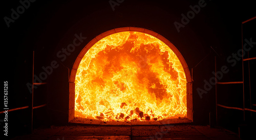 Intense Burning Fire in Industrial Furnace Hot Embers High Temperature Brick Oven