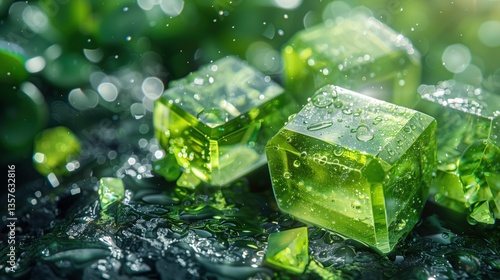 Vibrant green crystals glistening with water droplets on black surface  