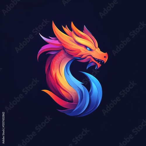 Wallpaper Mural Vivid, stylized dragon emblem with bright orange, red, and blue hues on a dark backdrop for logo design Torontodigital.ca