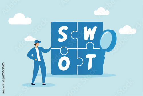 SWOT analysis, analyze strength, weakness, opportunity and threat to win market competition, improve product by SWOT matrix, benchmark or measurement, businessman magnify analyze SWOT business jigsaw.