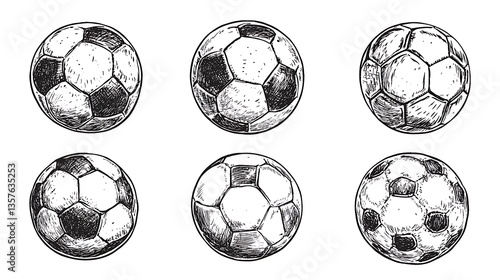 Six hand-drawn soccer balls, various angles.