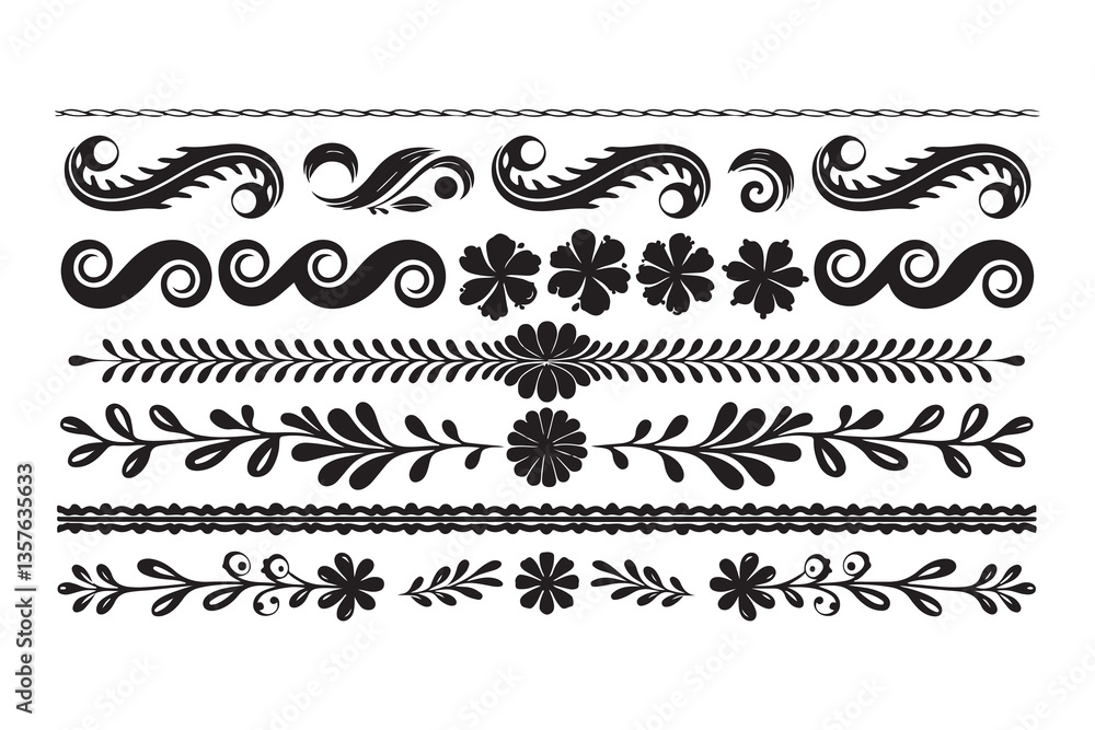 Fototapeta premium Floral Swirl Border Ornaments – Luxury Decorative Vector Silhouette Design, Elegant Floral and Swirl Borders – Ornamental Vector Silhouette Set. 