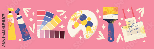 Art supplies and creative tools paintbrushes, palette, easel, paint tubes, and color swatches on a pink background. Flat vector illustration