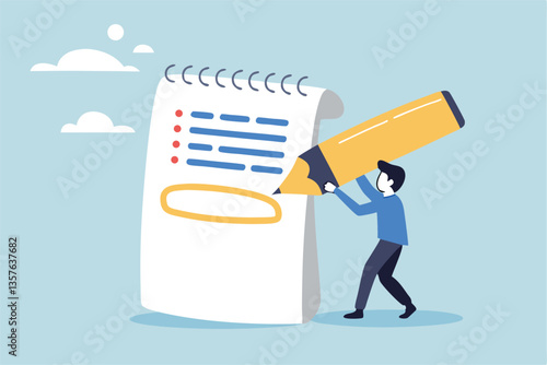 Highlight important note, serious essential word in highlight circle or underline, marked critical, vital or significant, spotlight attention concept, businessman highlight pen circle important note.