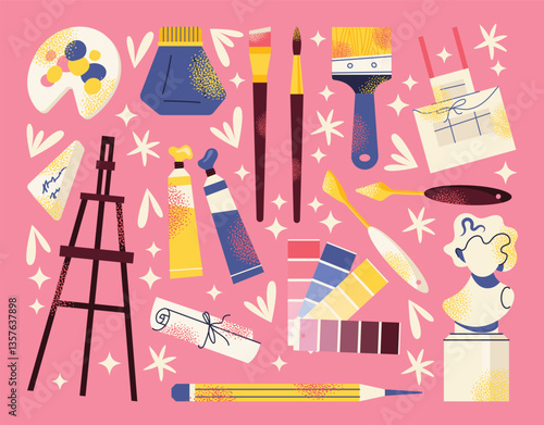 Art supplies and creative tools paintbrushes, palette, easel, paint tubes, and color swatches on a pink background. Flat vector illustration