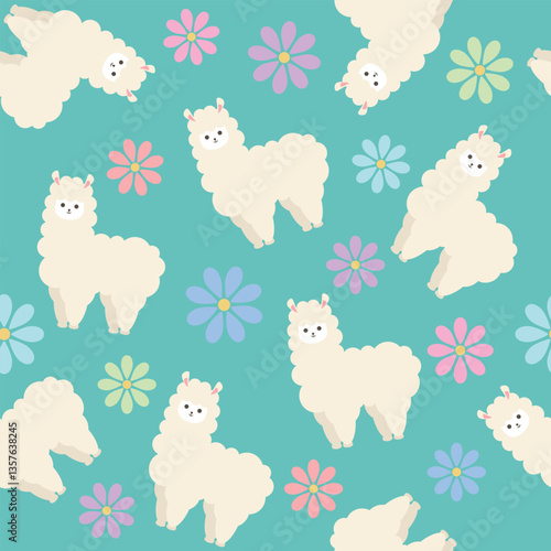 ゆるかわいいアルパカのシームレスパターン　お花