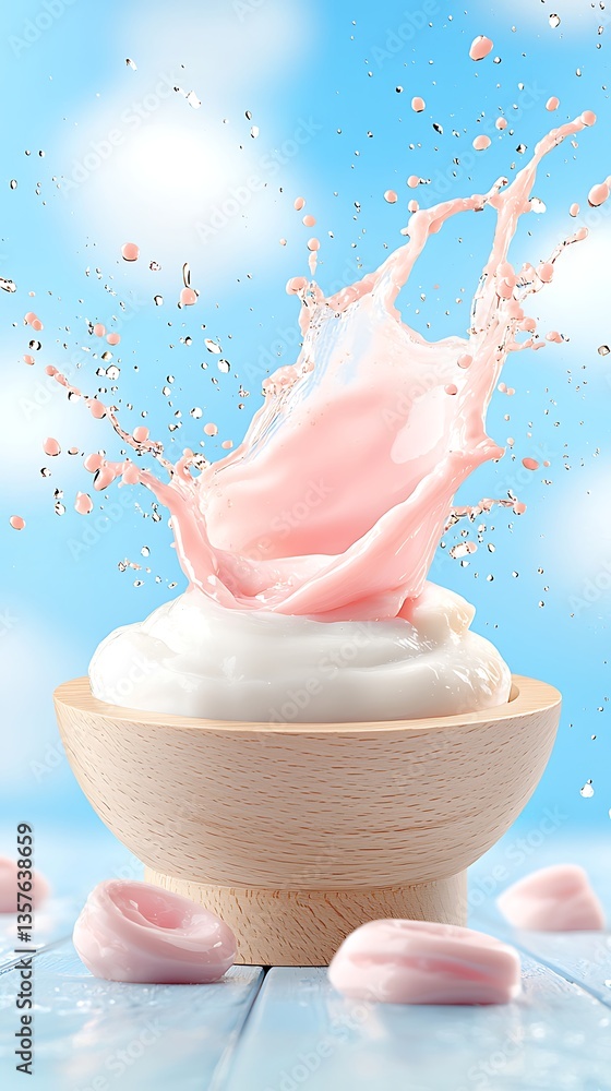 Pink yogurt splash in bowl. Pink yogurt splash in bowl.