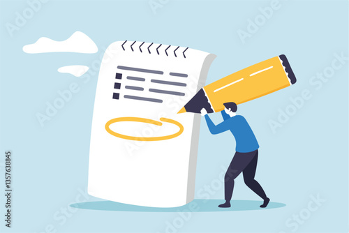 Highlight important note, serious essential word in highlight circle or underline, marked critical, vital or significant, spotlight attention concept, businessman highlight pen circle important note.