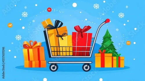 Wallpaper Mural Christmas Shopping Cart Full of Presents, Festive Winter Holiday Cheer Torontodigital.ca