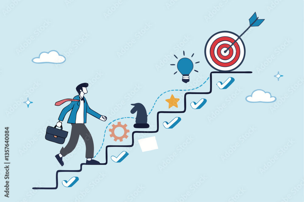 Strategy development, business improvement planning, success checklist or aspiration to growing business, career growth, checklist to success management concept, businessman walk up strategy stair. Strategy development, business improvement planning, success checklist or aspiration to growing business, career growth, checklist to success management concept, businessman walk up strategy stair.
