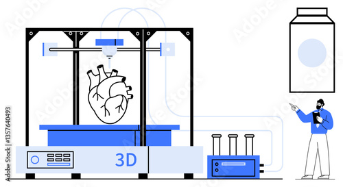 3D printer fabricating a human heart model beside connected devices and a researcher monitoring. Ideal for science, technology, innovation, healthcare, research, education, medicine. Flat simple