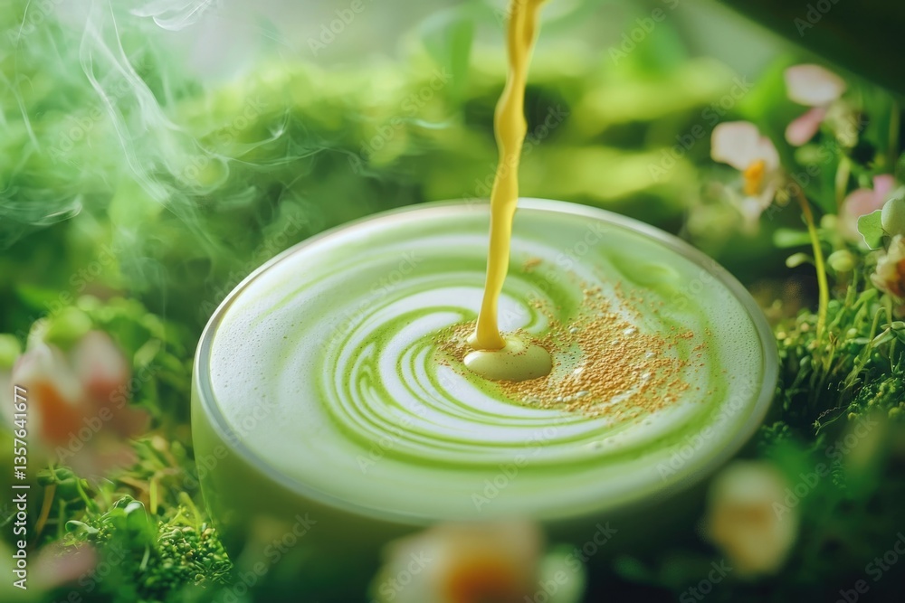 custom made wallpaper toronto digitalPouring liquid into a cup of matcha latte with beautiful latte art and surrounding by greenery and steam.