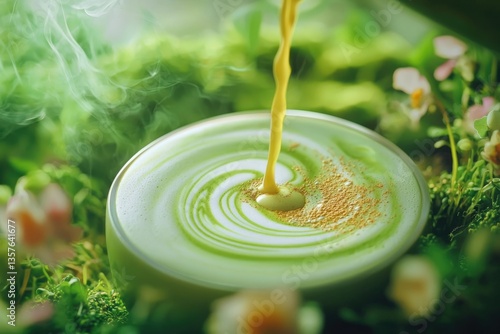 Wallpaper Mural Pouring liquid into a cup of matcha latte with beautiful latte art and surrounding by greenery and steam. Torontodigital.ca