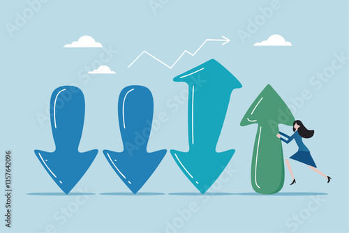 Change management, adaptation or business transformation for better result, change resistance or transition to new opportunity, improvement concept, businesswoman change arrow direction for good.