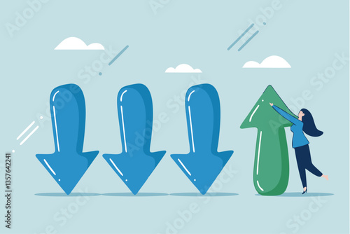 Change management, adaptation or business transformation for better result, change resistance or transition to new opportunity, improvement concept, businesswoman change arrow direction for good.