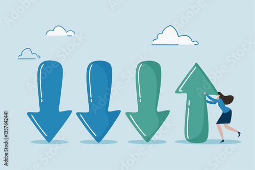 Change management, adaptation or business transformation for better result, change resistance or transition to new opportunity, improvement concept, businesswoman change arrow direction for good.