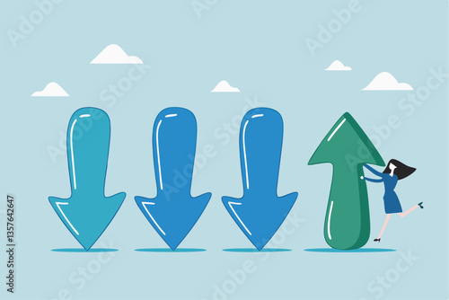 Change management, adaptation or business transformation for better result, change resistance or transition to new opportunity, improvement concept, businesswoman change arrow direction for good.