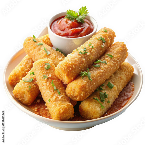 Delicious golden crispy cheese sticks served with a tangy dipping sauce and garnished with fresh herbs.