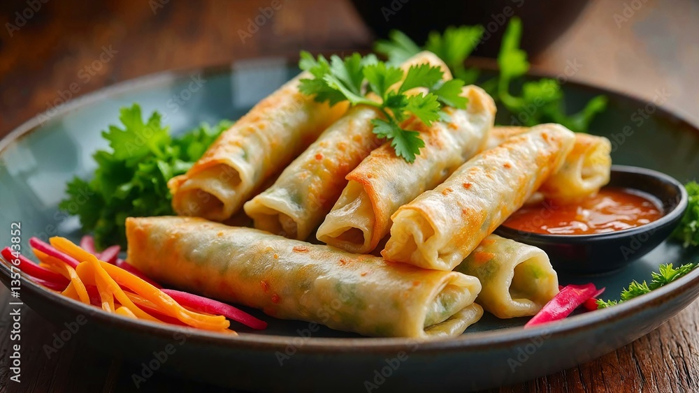Close-up of freshly made spring rolls with vibrant dipping sauces and colorful vegetables Close-up of freshly made spring rolls with vibrant dipping sauces and colorful vegetables