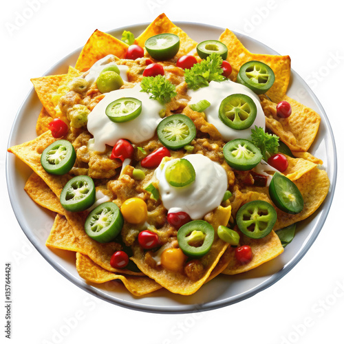 Quadro em tela A vibrant plate of nachos topped with jalapeños, sour cream, and fresh vegetables, creating an appetizing and colorful dish perfect for sharing