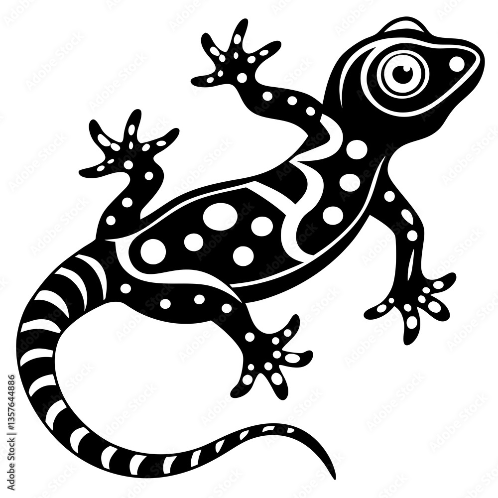Fototapeta premium Gecko Silhouette: A striking black and white illustration of a gecko, featuring intricate patterns and details. 