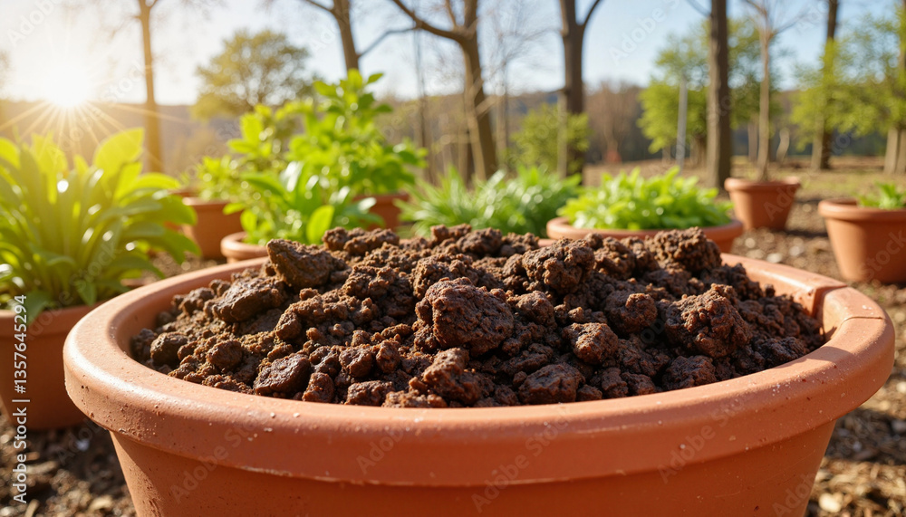 Nutrient-rich garden soil in terracotta pot under sunny greenhouse, growth potential Nutrient-rich garden soil in terracotta pot under sunny greenhouse, growth potential