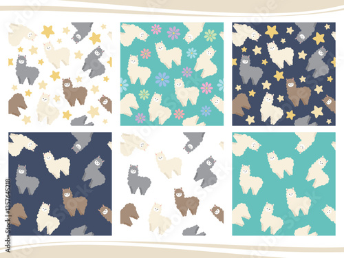 ゆるかわいいアルパカのシームレスパターン6種セット