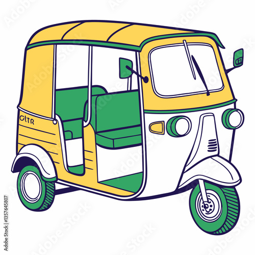 Illustrated Auto Rickshaw: A vibrant and charming illustration of an auto rickshaw, a symbol of urban transport and cultural heritage, depicted with bold lines and vivid colors.
