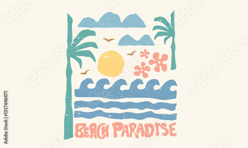 Beach wave. Hand sketch beach vector design. Palm tree artwork. Miami beach surf club. Modern art. Summer retro graphic print design. Beach vibes with board print design.