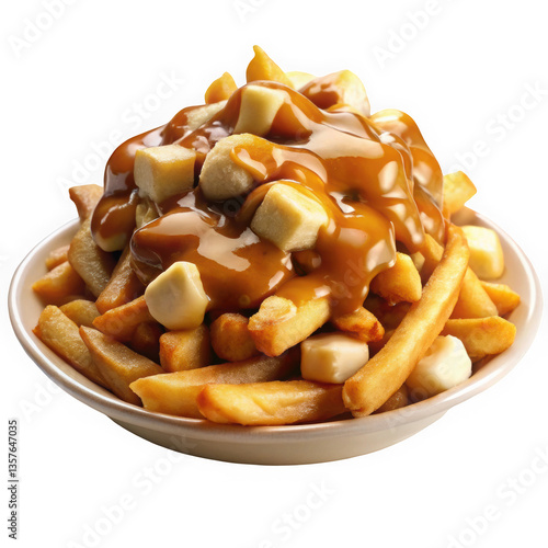 Delicious poutine featuring golden fries topped with rich gravy and chunks of cheese curds, served in a white bowl.