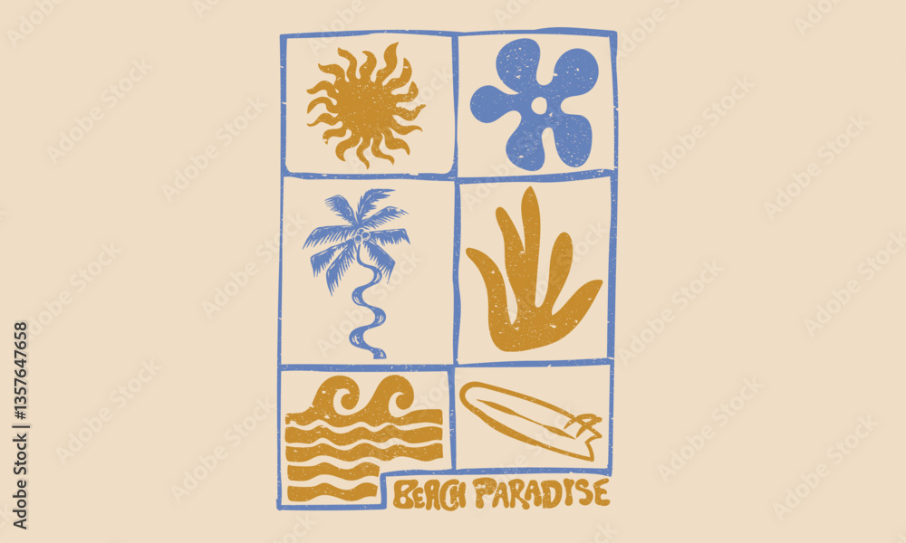 Naklejka premium Wave, surfing board, sun, flower and palm tree artwork. Ocean abstract wave art. Here come the sun. Summer vibes artwork. Surf club design. Beach modern abstract art.